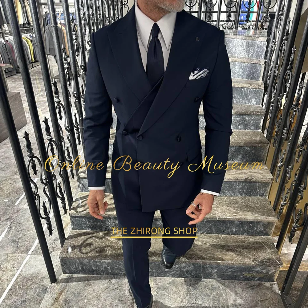Luxury men's 2-piece suit jacket pants peak lapel blazer with satin straps for wedding birthday cocktail party custom tuxedo