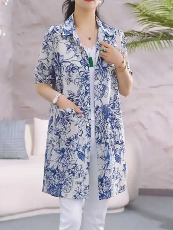 Loose Summer New Arrival Blue And White Porcelain Large Shirt Wide Version Cool Lightweight Frock for Women Commute Style