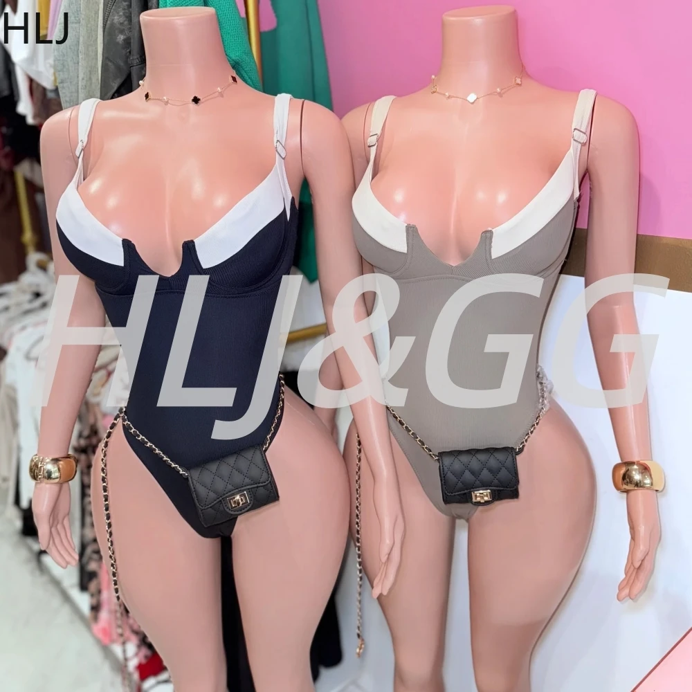 HLJ Sexy Solid Patchwork Bodycon One Piece Bodysuits Women Spaghetti Strap V Neck Sleeveless Backless Rompers Fashion Overalls