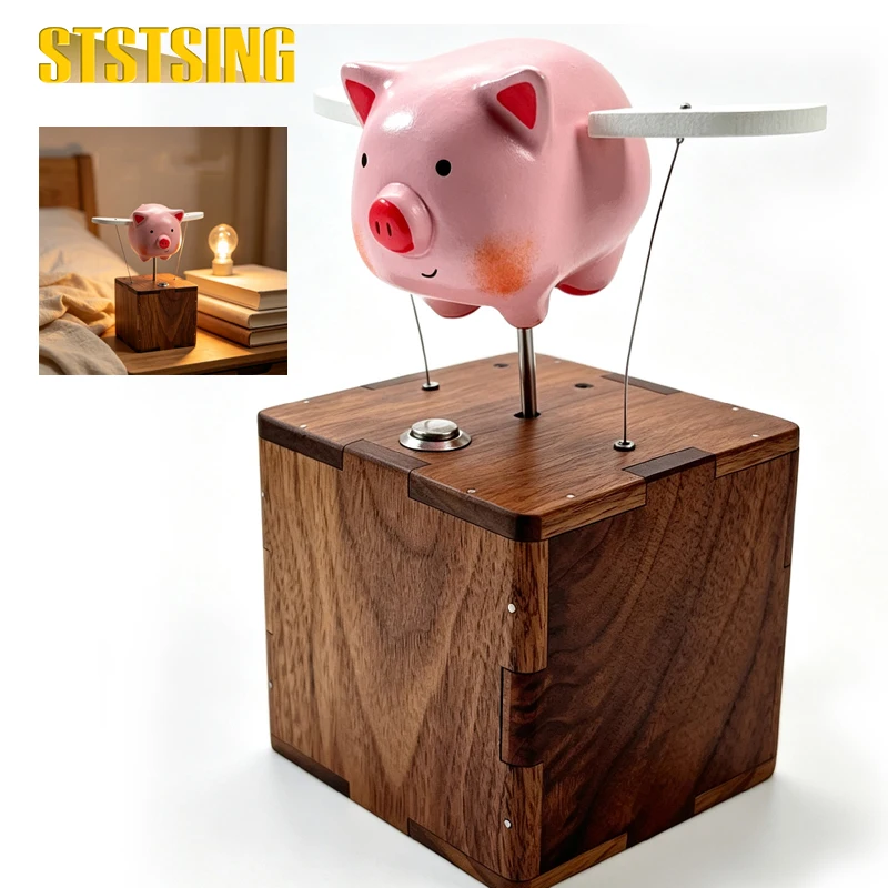 1PCS Wooden Dancing Pig Desk Decor, Wooden Ornament, Rechargeable Stress Relief Desktop Interactive Display for Office