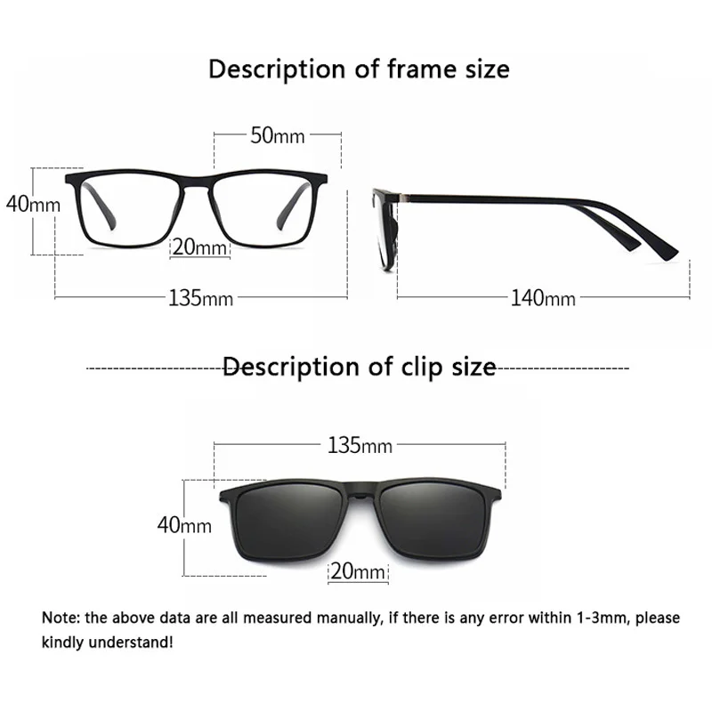 Polarized Sunglasses Men Women 2 In 1 Magnetic Clip On Glasses TR90 Optical Prescription Eyewear Frames Eyeglasses