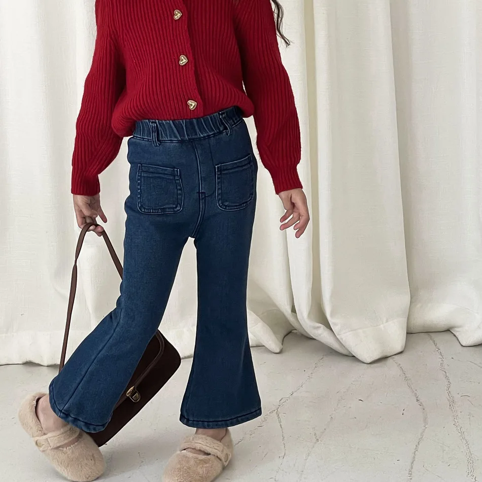 Childrens Pants Winter New Korean Denim Micro Flared Retro with Velvet Flared Pants Kids Clothes Girls