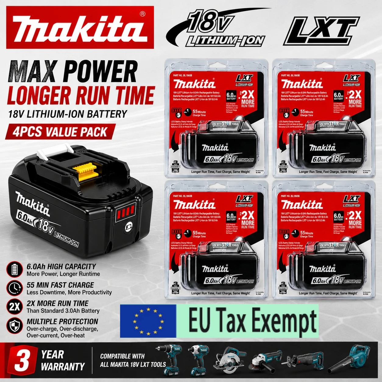 Original Makita 18V 6,0Ah Lithium-Ionen-Akku Ersatz für BL1860B BL1850B BL1840B BL1830B LXT Kabellose Elektrowerkzeuge