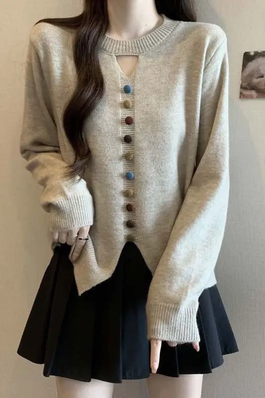 Pull ajouré à col rond pour femme, grande taille, ample, Slim, Design, boutons colorés, élégant, vêtements d'intérieur, automne hiver