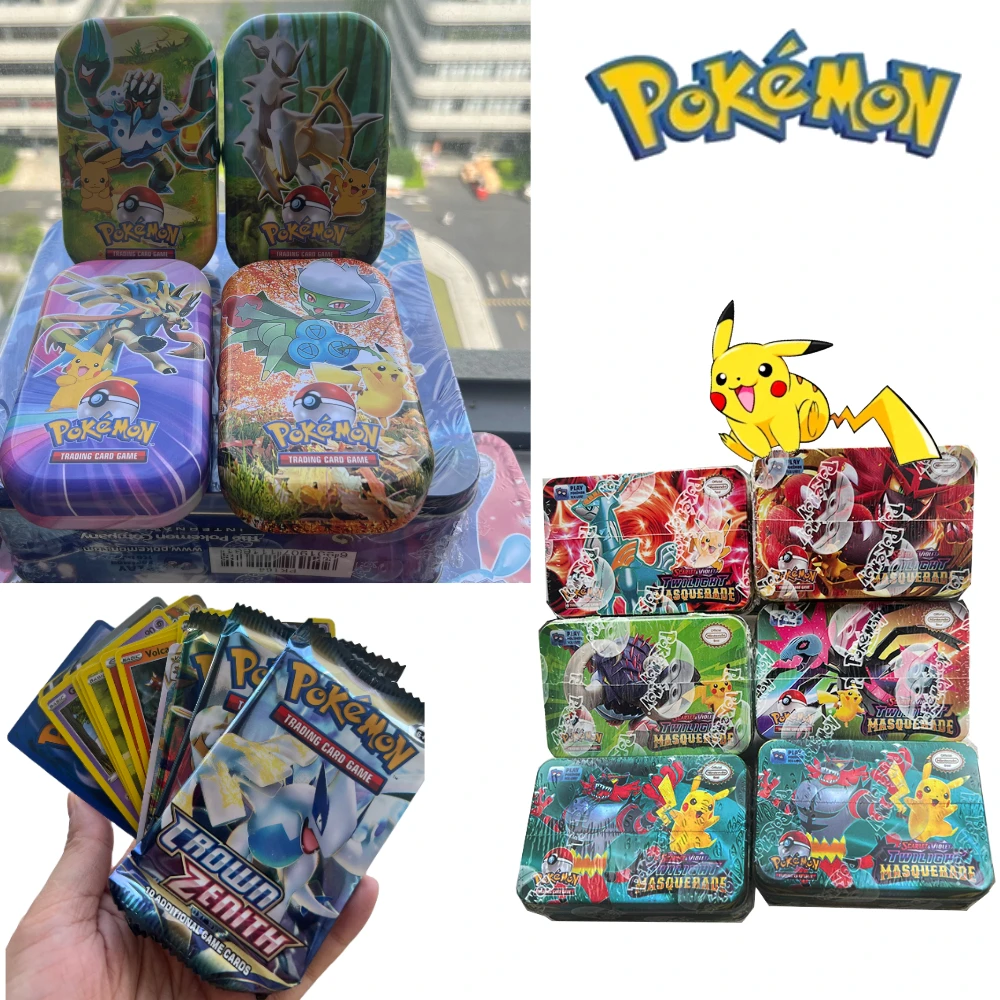 42 Uds.,48 Uds./caja de Metal de hierro inglés español Pokémon juguetes de batalla corona Zenith Pokemons caja con juego de Pikachu Anime tarjetas 