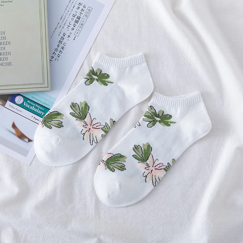 5 Pairs/lot Elegant Funny Cute Cotton Girls Vintage Flowers Short Female Low Cut Ankle Green Leaves Socks Summer Spring Women
