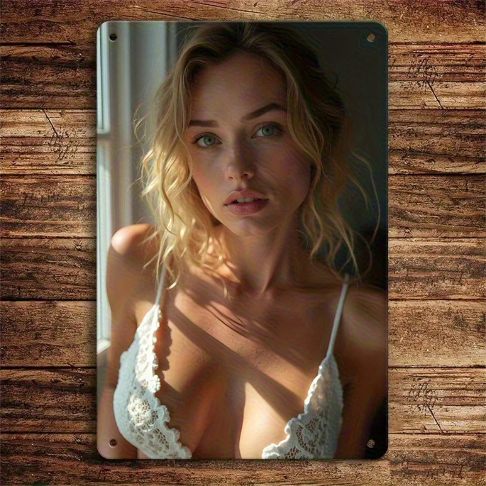 Vintage Metal Tin Sign, 8x12 Inch Retro Wall Art, Blonde Lady Decor for Bar Cafe Home Garage