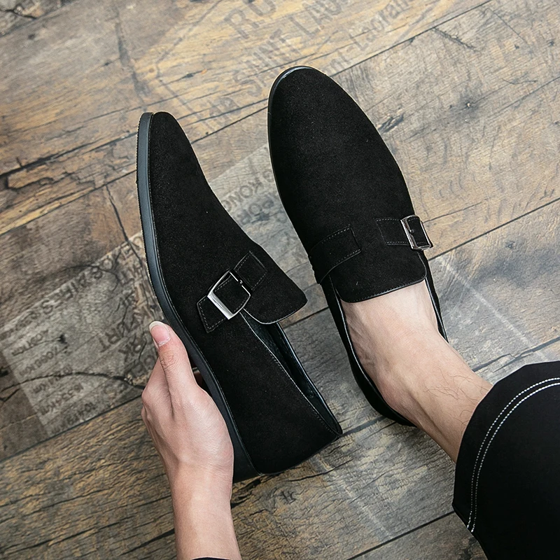 

Spring and Autumn New Men Business Dress Shoes Solid Color Round Head Suede Metal Buckle Casual Leather Shoes