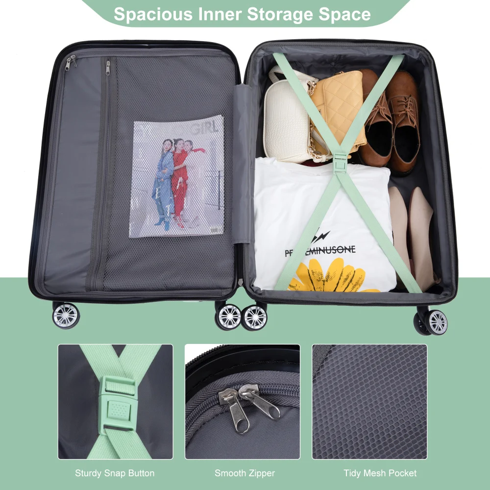 3 Piece Luggage Sets PC Lightweight Durable Expandable Suitcase Two Hooks Double Spinner Wheels TSA Lock(21/25/29) Light Green