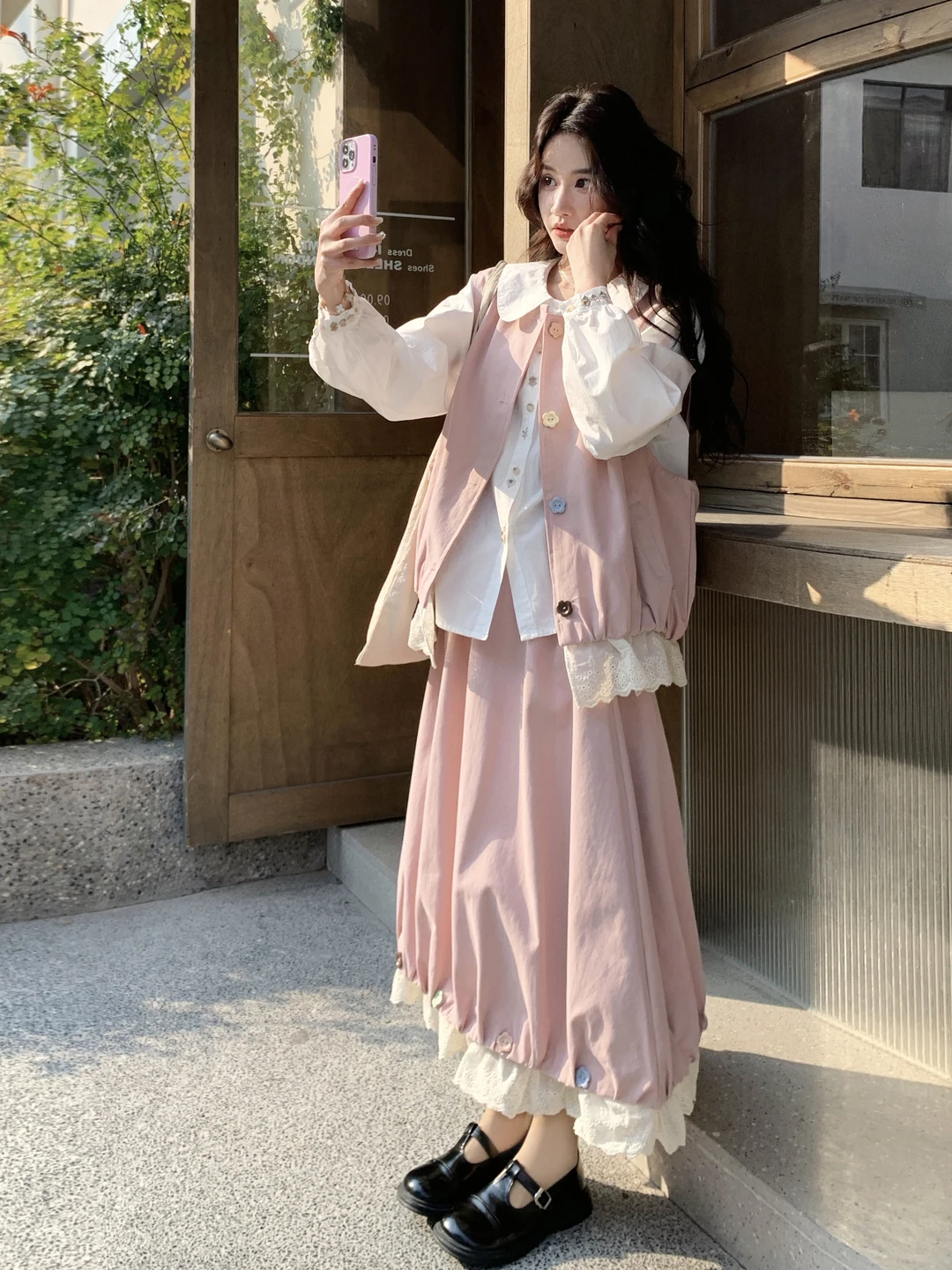 

Sweet Girl Style Pink Lace Trim Vest Set Spring Autumn New Doll Collar Shirt Half Skirt Three Piece Set Breathable Loose Fit