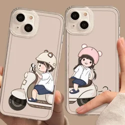 Driving Motorcycle Clear Couple Lovers Phone Case For iPhone 16 13 15 11 12 14 Pro XS 13Mini XR 7 15 Plus SE Paired Cover Fundas