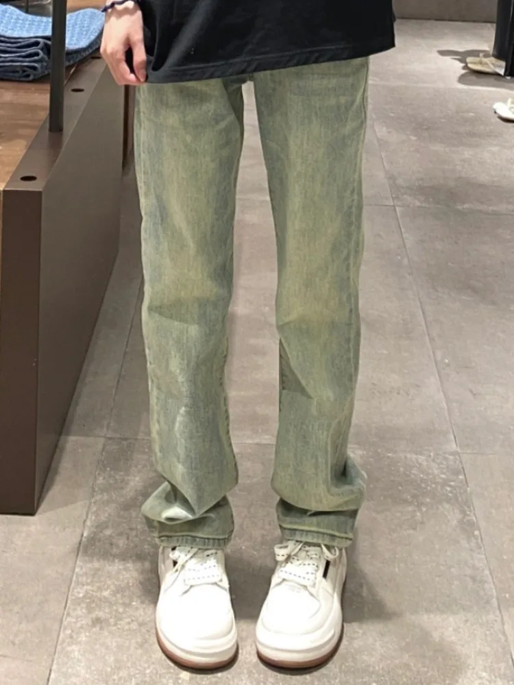 

Retro American Straight Leg Denim Jeans Women's High Waist Faded Mud Dye Large Size Flattering Pants Cotton Stretch Fabric