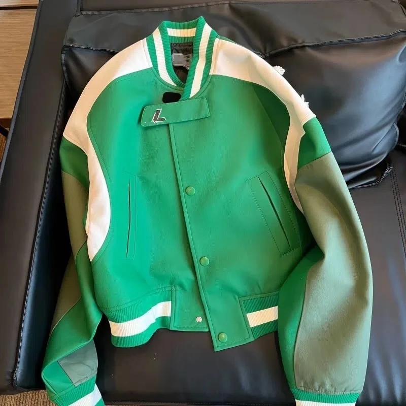 Baseball Green Leather Jacket Women Spring Autumn Chic Fashionable Motorcycle Style Short PU Coat Trend