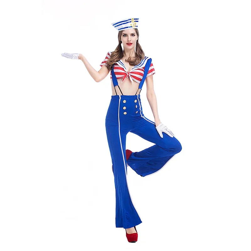 Sexy Female Navy Carnival Party Cosplay Costume Halloween Blue Stripe Sailor Masquerade Fancy Dress@0Z*