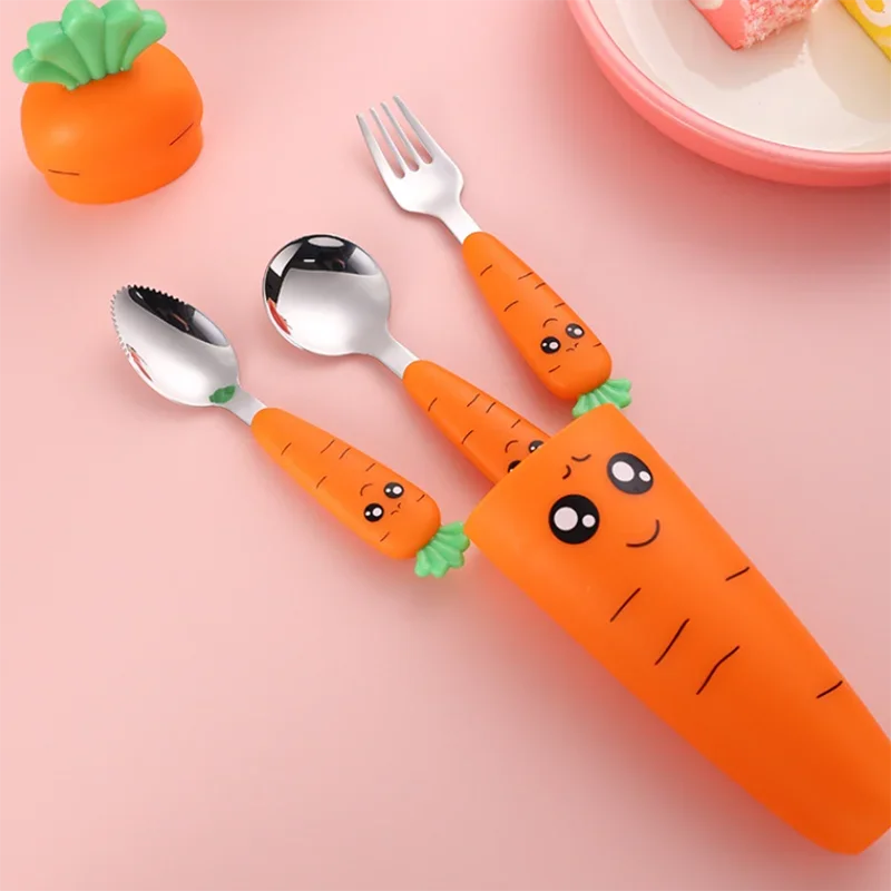 Baby Fütterung Utensilien Cartoon Karotten gabel Löffel Kinder Besteck Set Kinder essen Besteck Küchen helfer Gabel Teelöffel Box