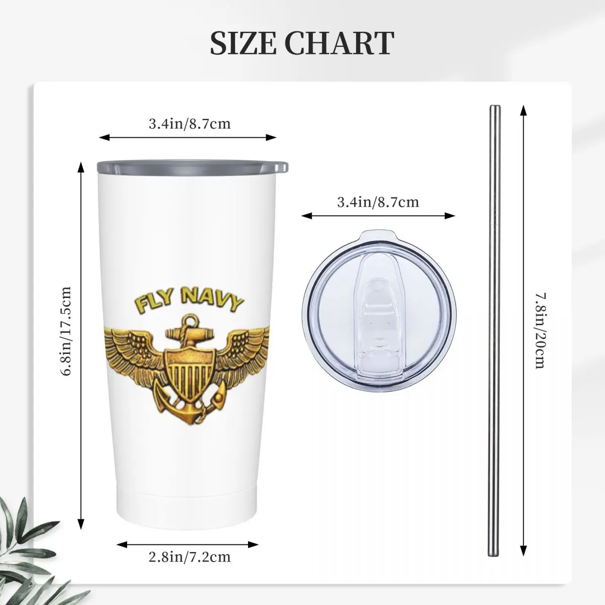Fly Navy Pilot Wings Cap Stainless Steel Tumbler Vacuum Insulated Mugs Thermal Cold Cups Straw With Lid 20oz