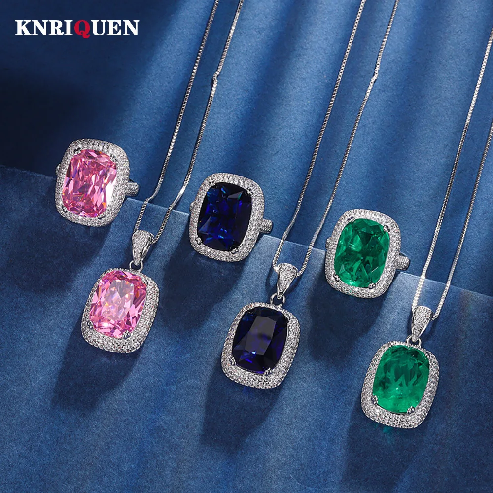 

Retro 12*16mm Sapphire Emerald Quartz Gemstone Jewelry Sets for Women Lab Diamond Wedding Party Pendant Necklace Ring Set Gift