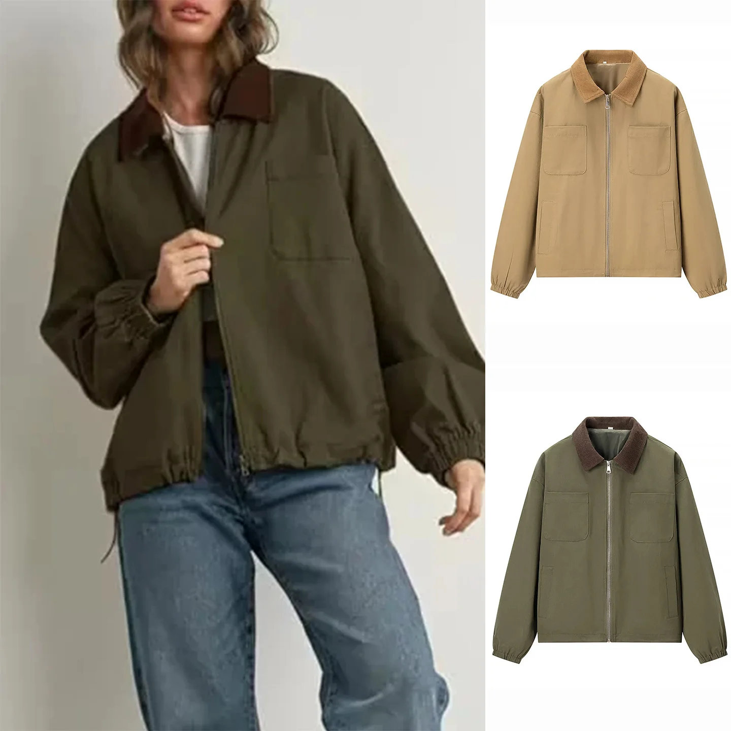 

Loose Fit American Casual Sle Workwear Jaet Zipper Long Sve Turn-down Collar Color Blo Women's Faion Autumn New