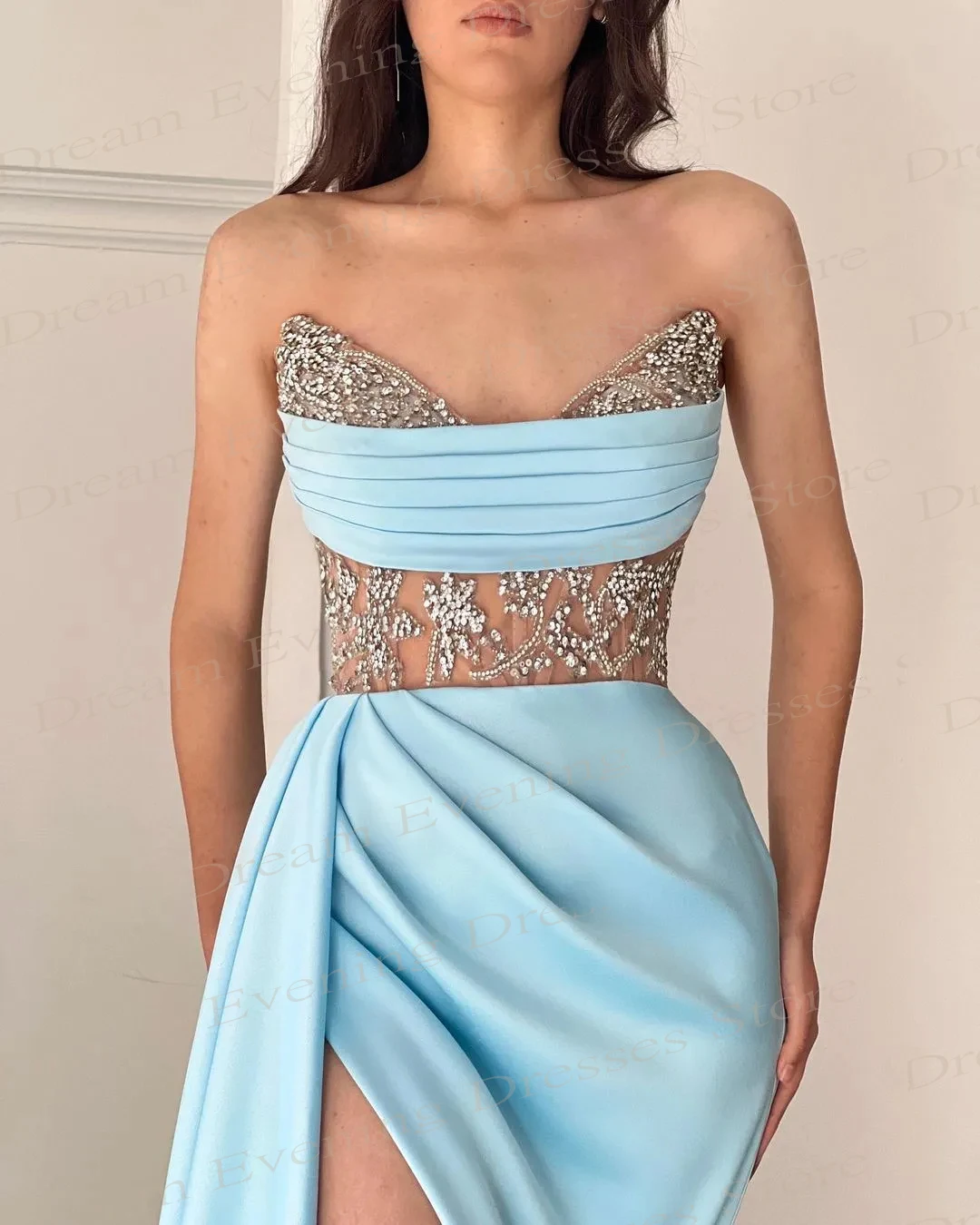 Sky Blue Simple Satin Strapless Mermaid Charming Evening Dresses Sleeveless Sequins Pleats Sexy Split Prom Gowns Robes De Soirée