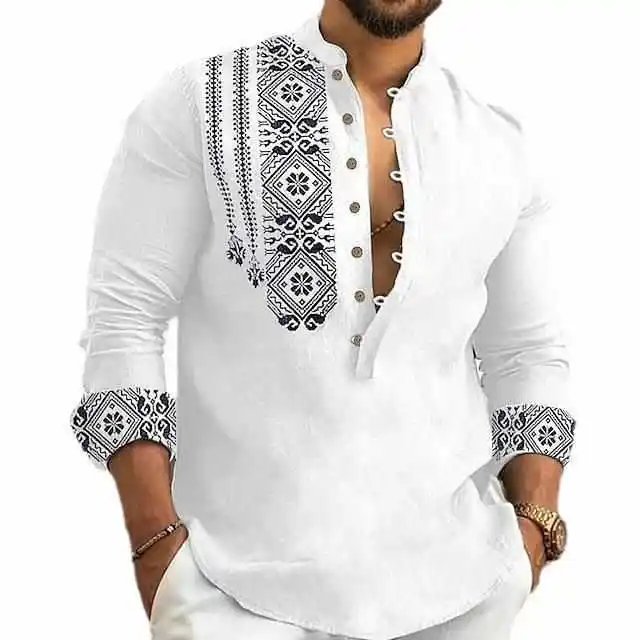 Men's Printed Long Sleeve Casual Thin Shirt Standard Fit Sun Protection Treatment Cotton Youth Fashion All Seasons Breathable