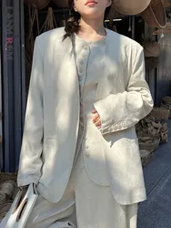 [LANMREM] Linen Blazers For Women V Neck Single Breasted Long Sleeve Office Lady Vintage Jackets 2024 Summer New 26D8950