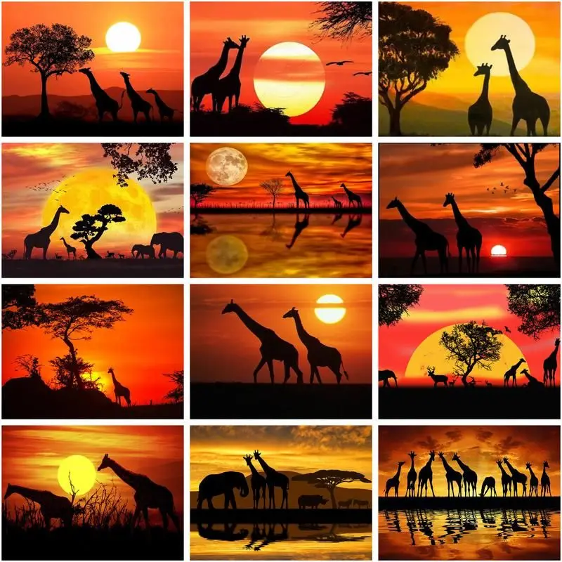 

CHENISTORY Paint By Number Sunset Scenery Drawing On Canvas Handpainted Art Gift Diy Pictures By Number Giraffe Animal Kits Home