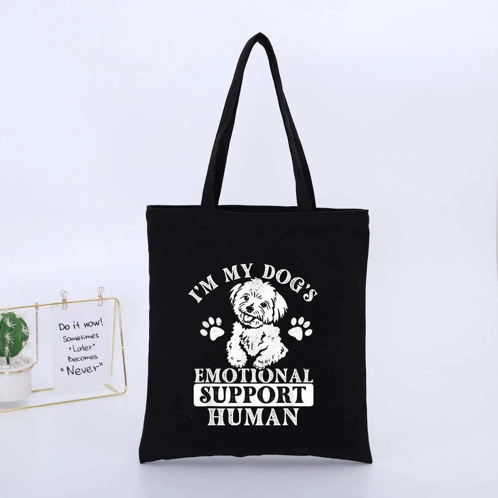 Dog Lovers' Emotional Support Human Slogan Print Black Canvas Tote Bag, Casual Daily Shopping Bag