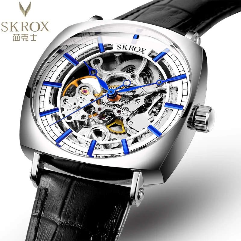 

SKROX Square Skeleton Automatic Movement Elegant Men's Watch Mechanical Clockwork High-End Luxury Genuine Leather Wrist Watches