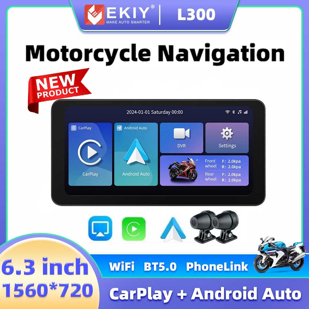 EKIY High Resolution Motorcycle Wireless Carplay Android auto Waterproof Navigation Portable BT GPS With TPMS