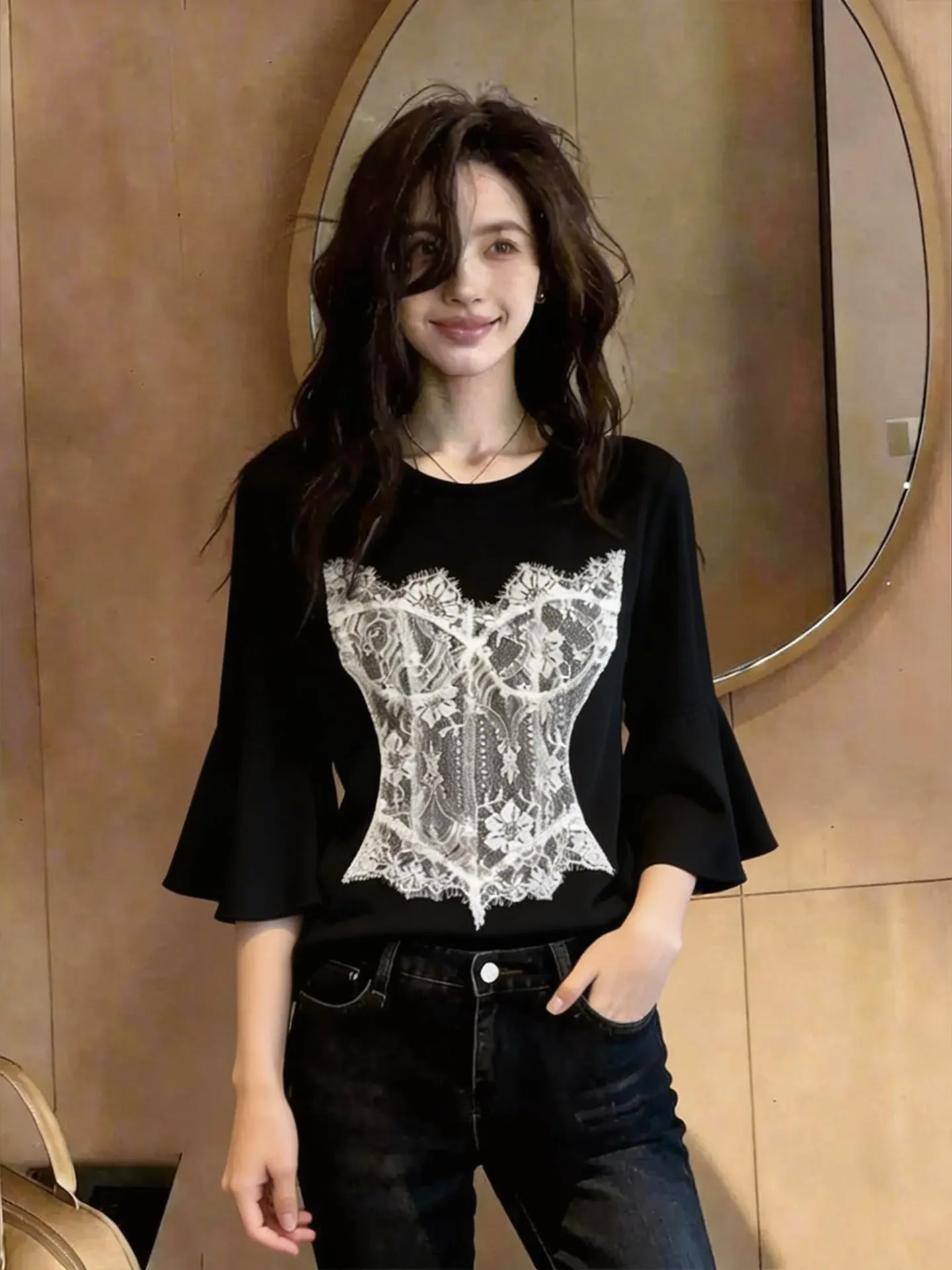 

Retro Black Lace Print Top Commute Unique Design Sensation Spring Summer New Style High Waist Straight Cut Long Sleeve Women'...