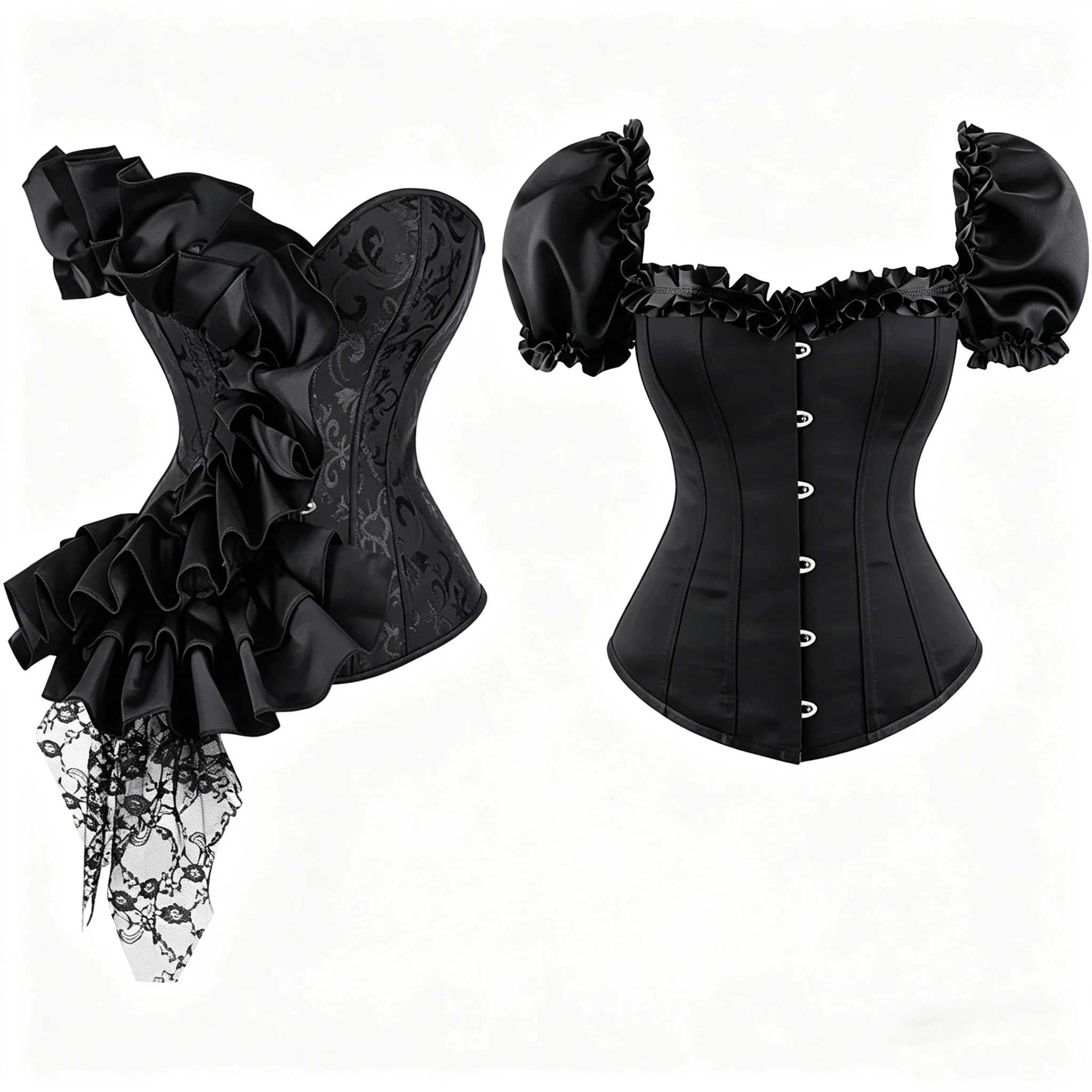 

Women Black Bustiers And Corset Top Ruffle Lace Decoration Gothic Waist Trainer Body Shaper Sexy Masquerade Corsets