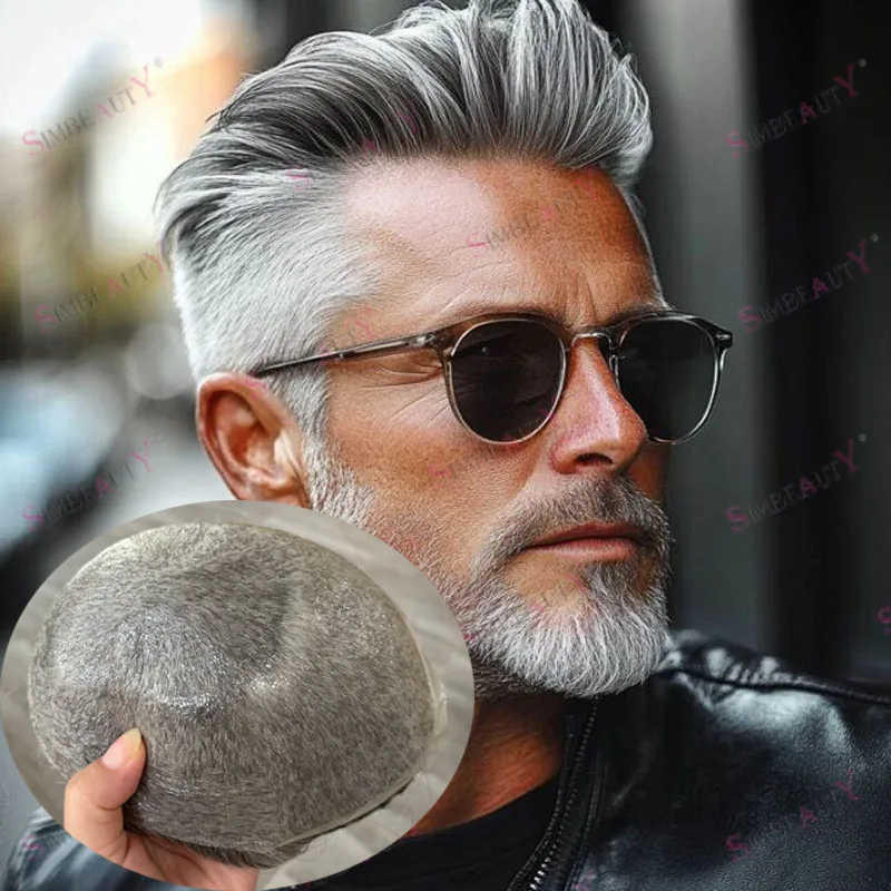 

# 440 # Накладка для волос для пожилых мужчин 550 Brown with Grey, натуральный цвет, с естественной линией роста волос, незаметная, ультратонкая основа 0.02 мм, 90% плотность, парик из натуральных волос