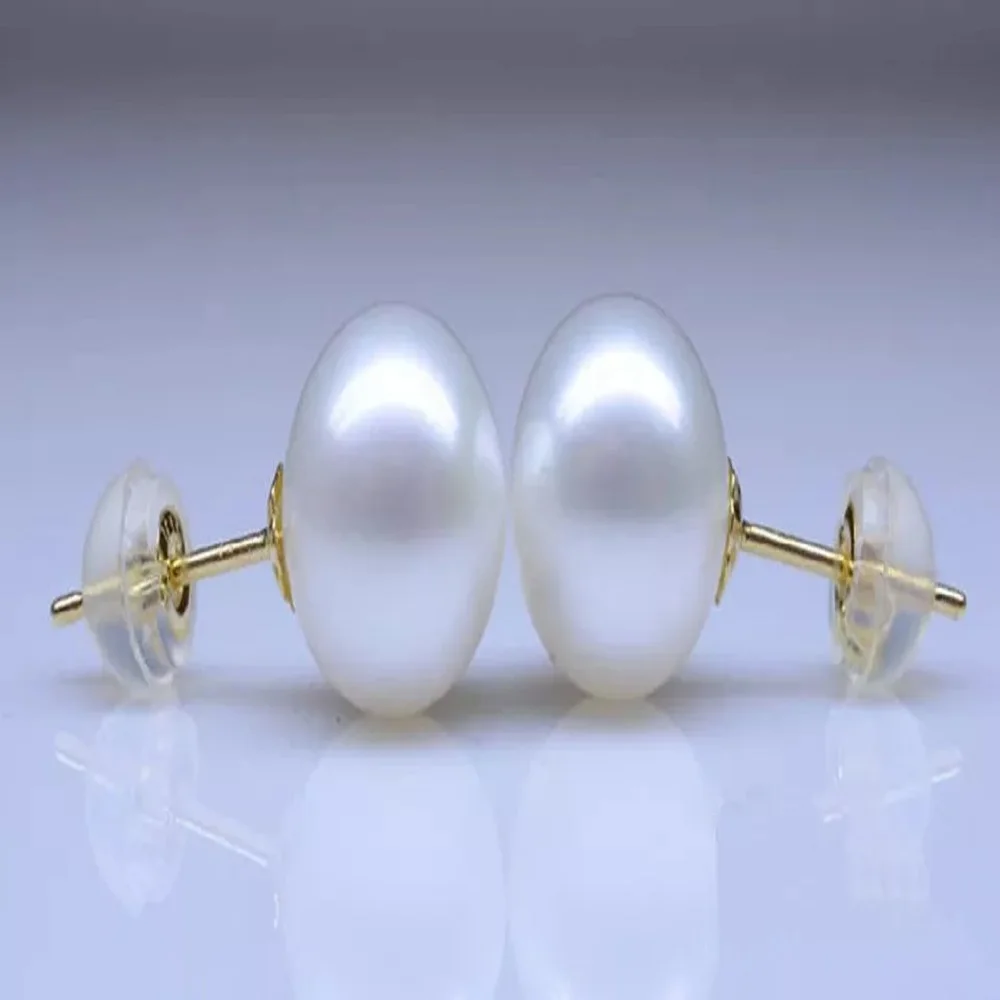 Beautiful Pearl Earrings AAA++12-13mm Natural South Sea White Round Pearl Earrings 18k/AU750 Gold