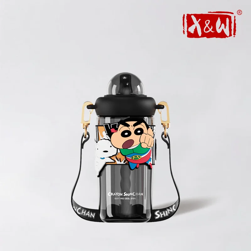 X & W 620ML Crayon Shin Chan taza con pajita agitadora Tritan + taza de PP con pajita mezcladora y correa de transporte botella de agua regalo de cumpleaños para un amigo