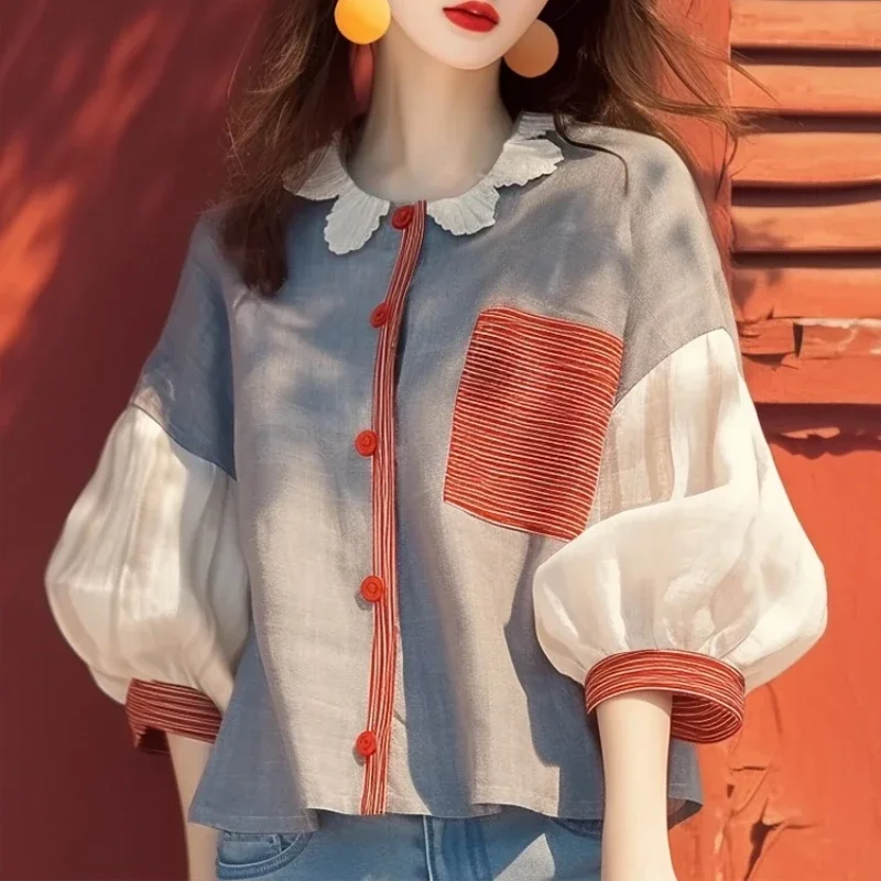 Chiffon Vintage frauen Hemd Sommer Neue Patchwork Koreanische Kleidung Verkäufe Lose Kurzen Ärmeln Tops Oansatz Frauen Blusen