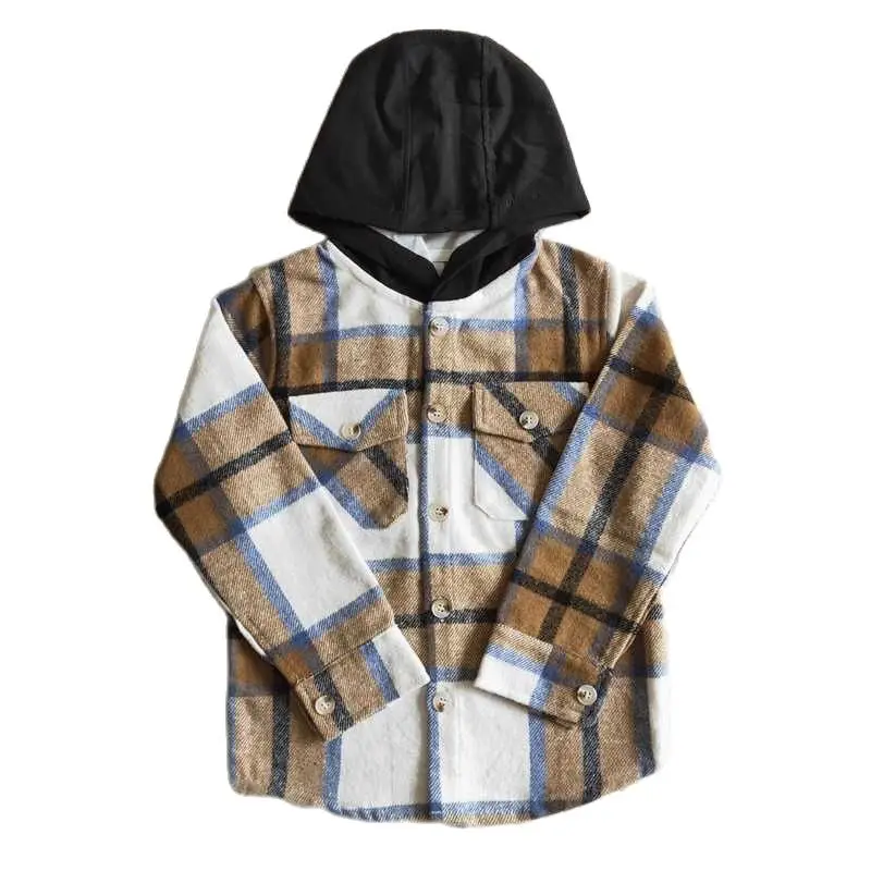 

Boys Khaki Plaid Hooded Long Sleeve Shirt