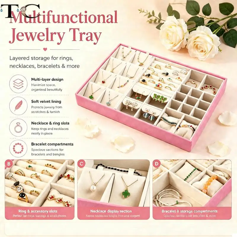 35x26 CM Pink Fabric Jewelry Tray Large-Capacity Multifunctional Elegant Storage Tray for Rings Earrings Pendants and Bracelets