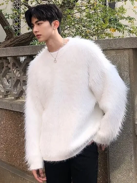 

Soft Nurturing Men's Knitted Sweater Winter Outerwear Loose Design Sensation Mink Velvet Casual Sle round Ne Warmth