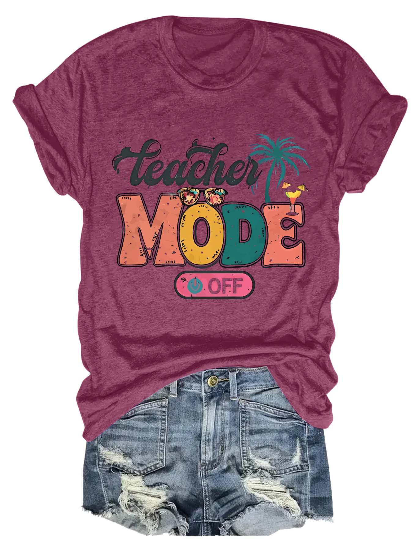 

Plus size women's short sleeve T-shirt Teacher Mode Off Palm Tree Cocktail comfortable soft fabric summer outfit women's