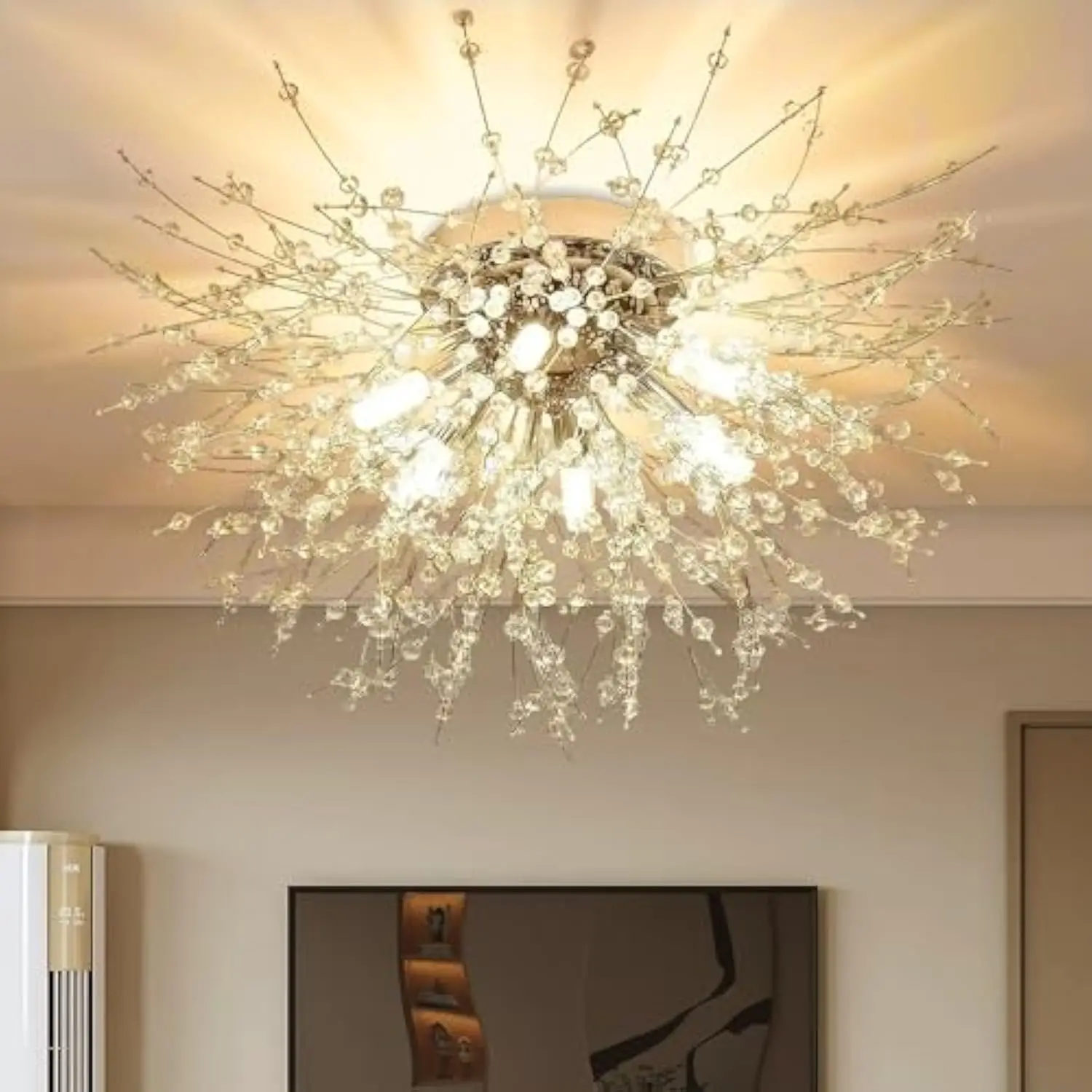 

Modern Sputnik Firework Chandelier, Gold Crystal Ceiling Light Fixture Small Crystal Flush Mount Ceiling Light for Living Room,