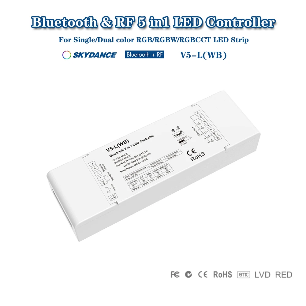 

Skydance V5-L(WB) DC12-48V Bluetooth+2.4GHzRF+Push-DIM 5in1 Smart Tuya Controller For Single/Double White RGB RGBW RGB+CCT Strip