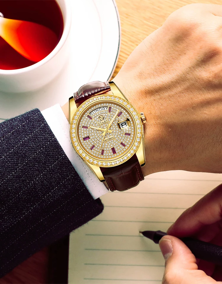 

【START】Часы Gypsophila модные мужские часы с бриллиантовым циферблатом автоматические механические часы кожаные часы водонепроницаемые с функцией даты и недели