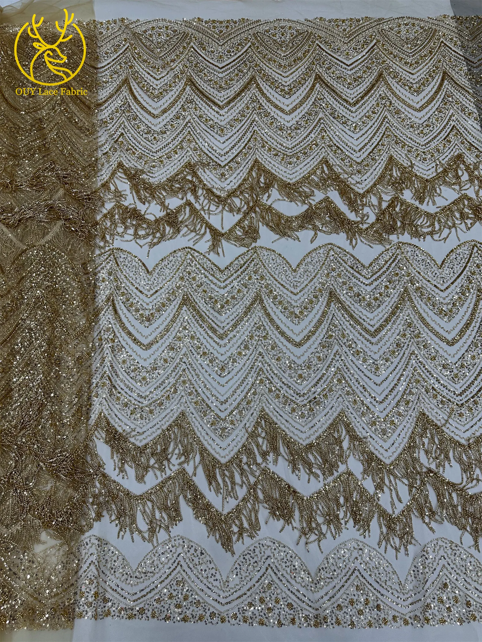 Hochwertiger 3D-Quasten-Perlen-Spitzenstoff, goldfarbener afrikanischer Perlen-Pailletten-Spitzenstoff, französische Tüllspitze für Hochzeitskleider, 5 Yards – Detail 10