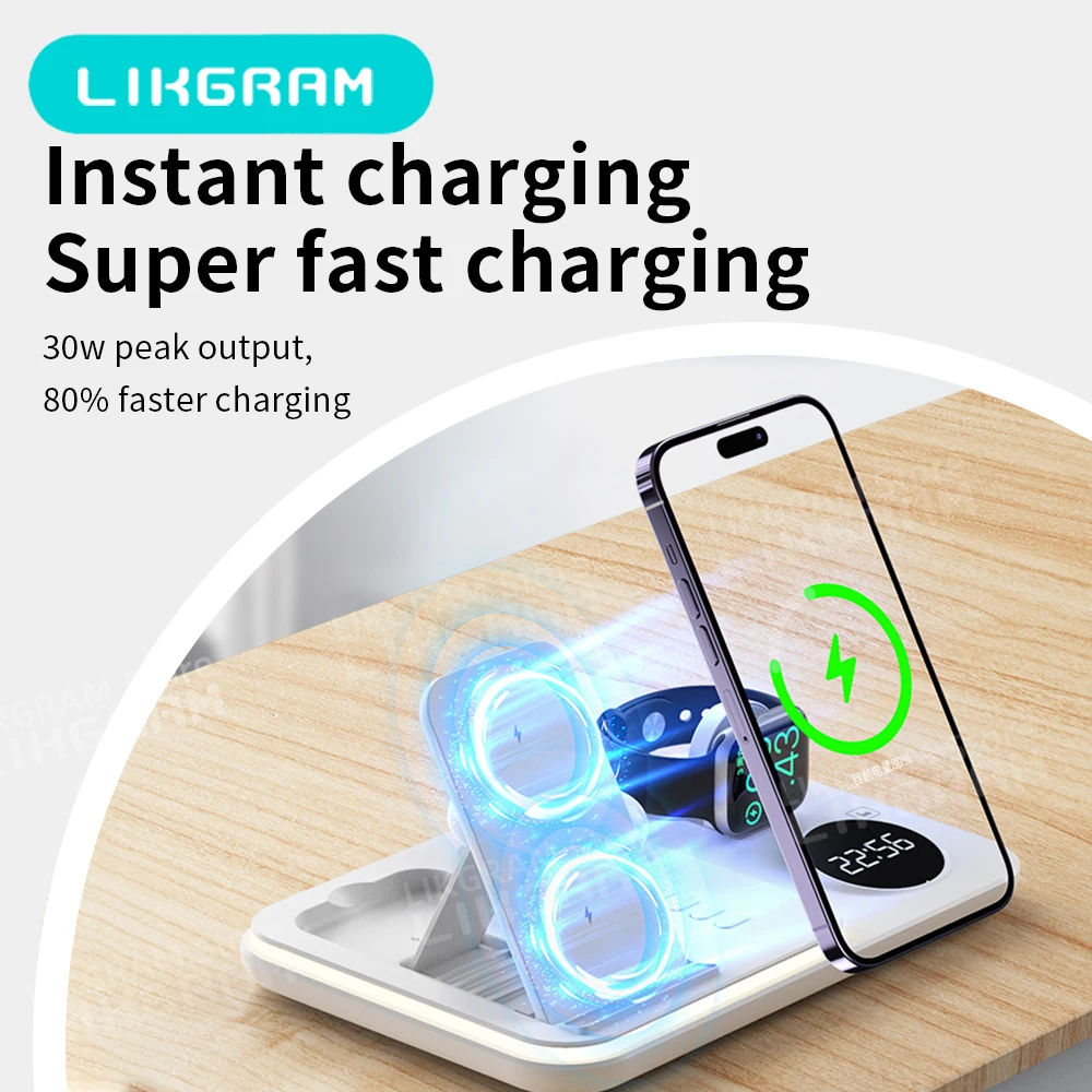 LIKGRAM Pengisi Daya Nirkabel untuk iPhone 12-17 Apple Watch AirPods 3-4 (tidak untuk Airpods 2) A82