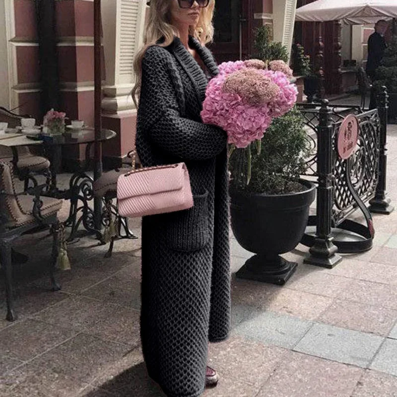 

Autumn Winter Women's Fashion Casual New Solid Lapel Knitted Cardigan Full Pockets Long Coat Woman Loose Hooded Sweater White