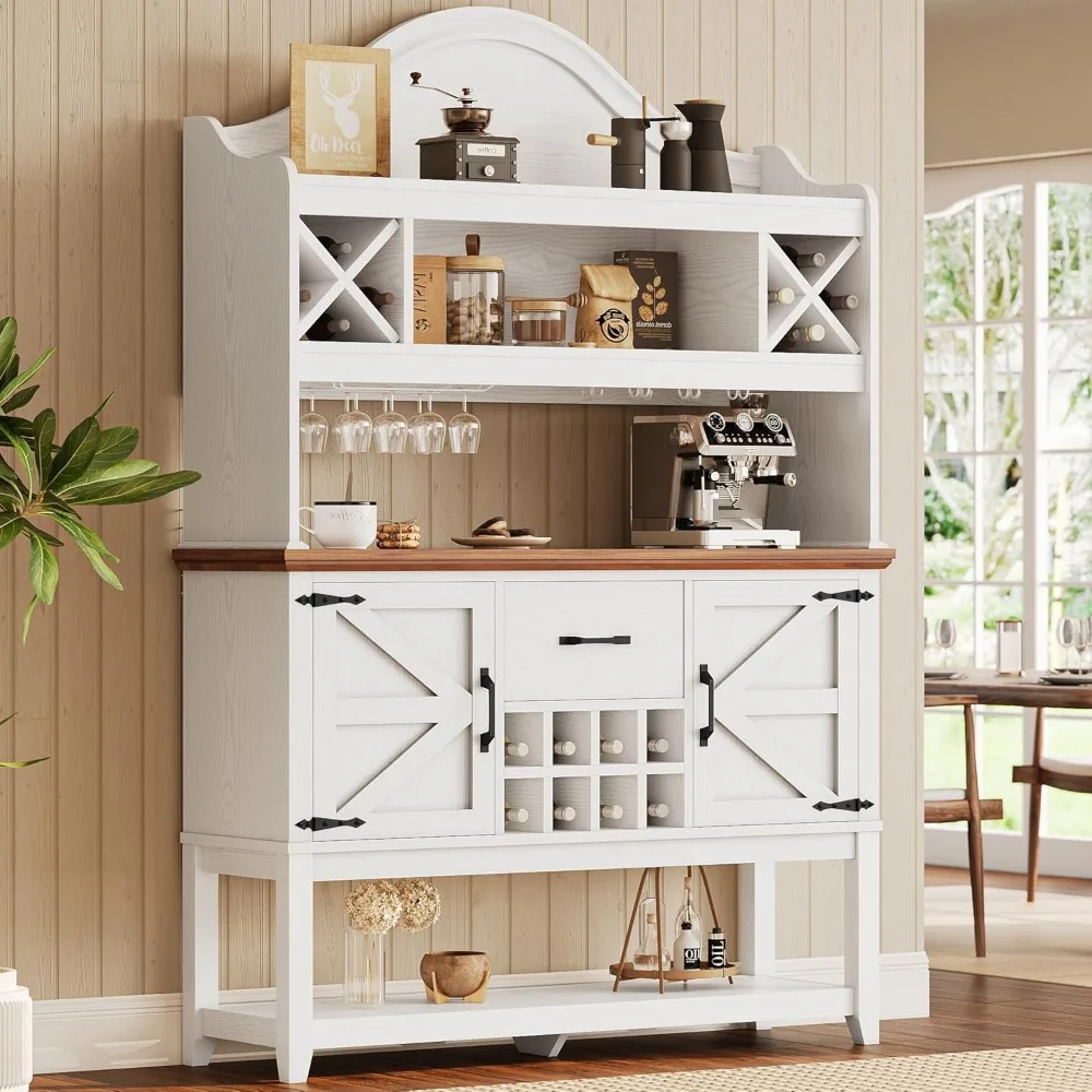 

IRONCK Coffee Bar Cabinet, Farmhouse Large Kitchen Buffet with Hutch & Wine Glass Rack, Pantry Cabinet for Home Bar, Living Room