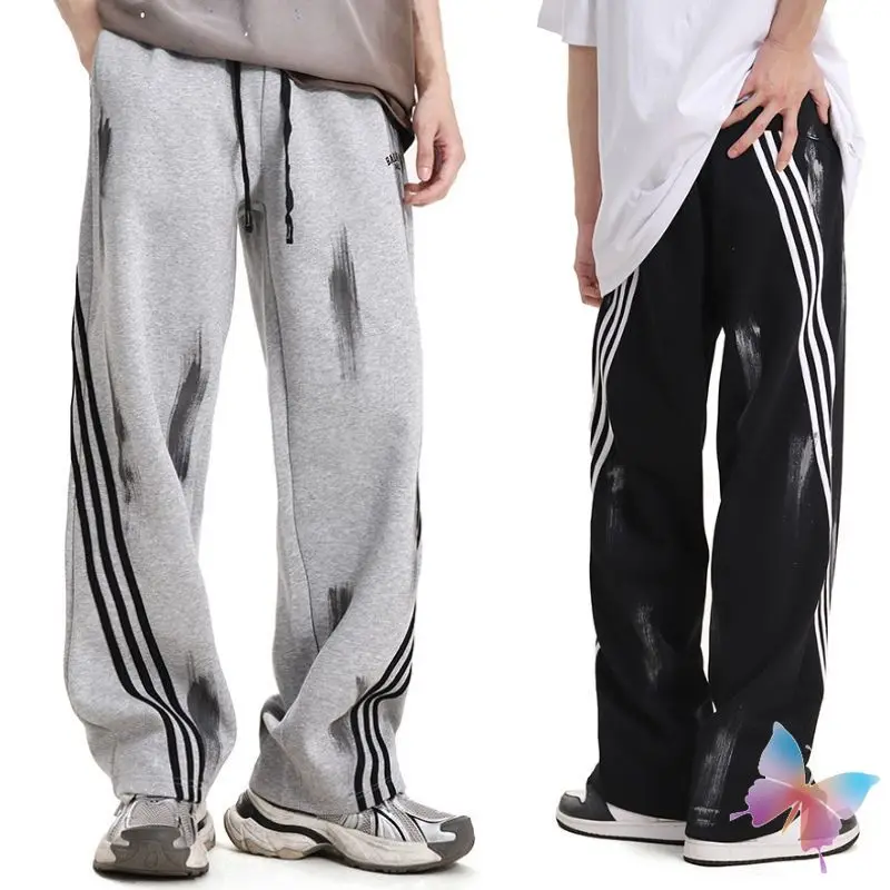 

High Quality Splashing Ink Painted Striped Pants Men Women Casual Loose Trousers Street Cool Boy Cleanfit Drawstring Sweatpants