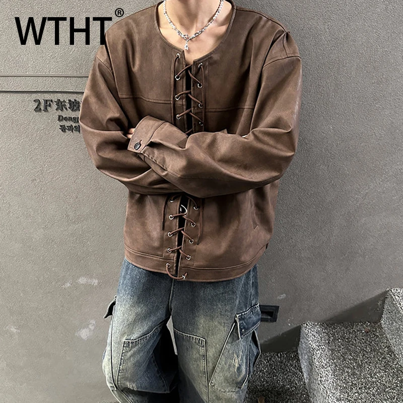 

Мужская кожаная куртка WTHT Fashion в стиле High Street, однотонная, с круглым воротником, длинными рукавами, винтажная, лето 2026, модель 2A3001