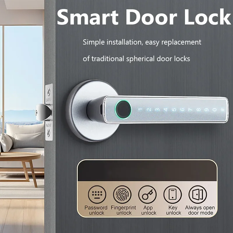 Tuya Bluetooth Smart Fingerprint Door Lock Digital Electronic Lock with Password/Key/IC Card/ Smartlife/ Tuya APP Unlock