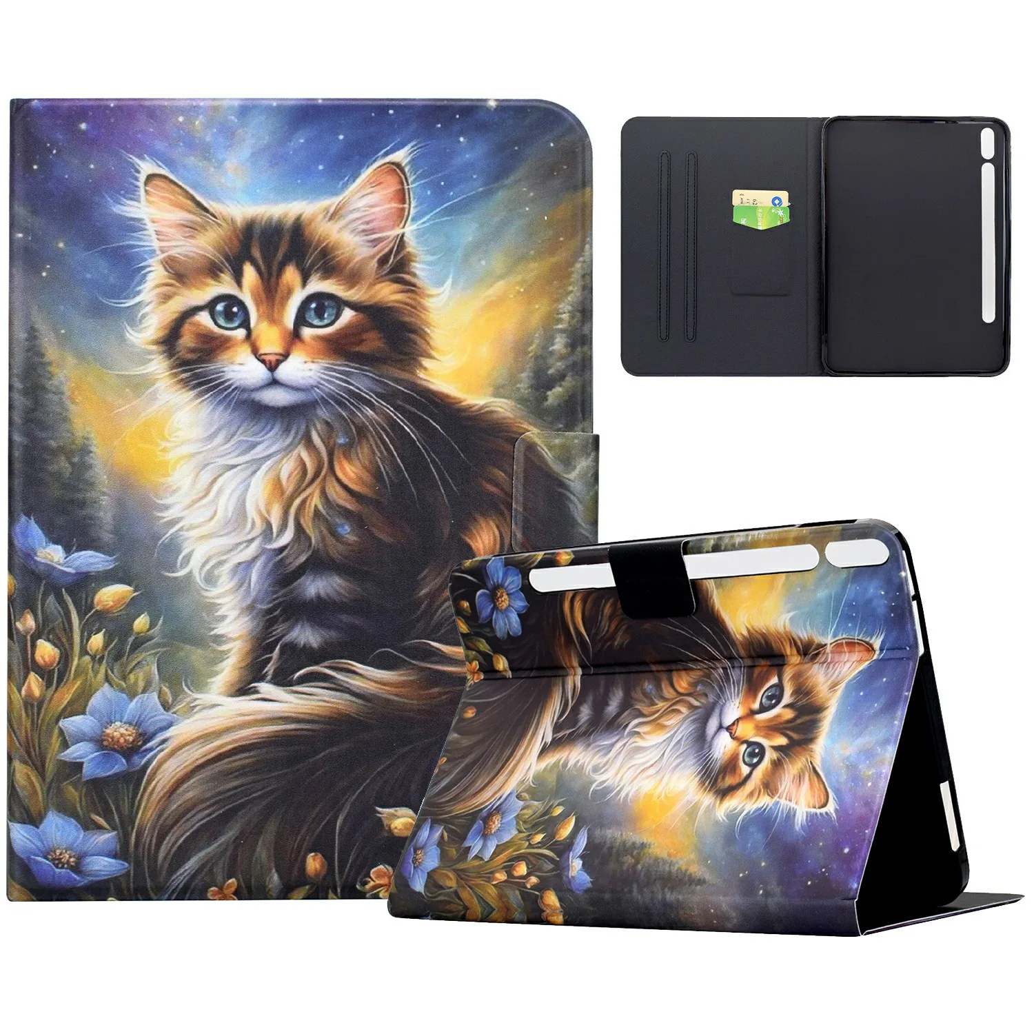 For Samsung Galaxy Tab S10 FE+ Case Pattern Printing Stand Leather Tablet Cover with Card Slots - Starry Night Cat